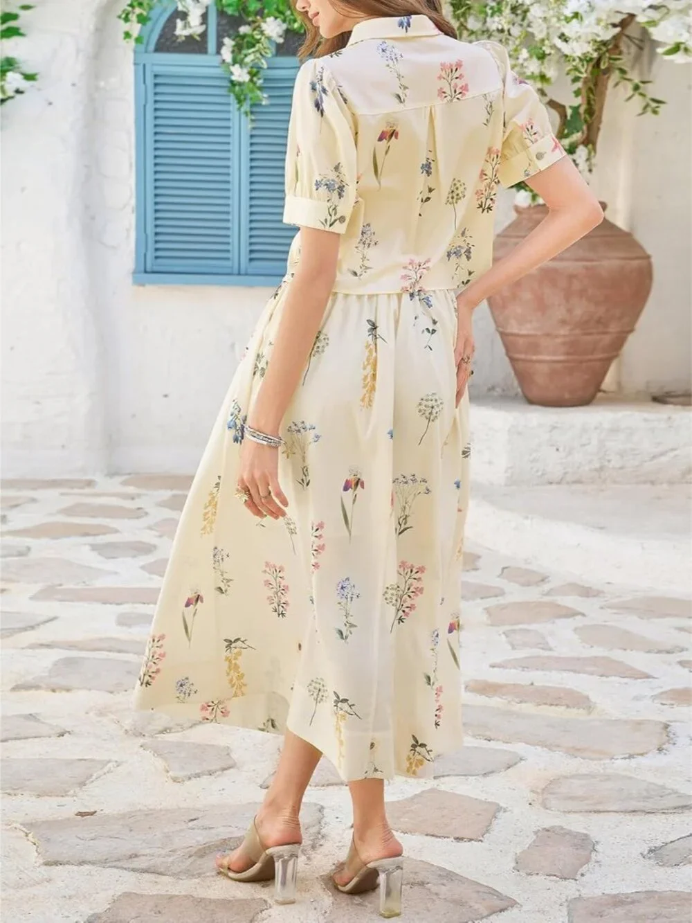 Womens 2 Piece Floral Skirt Sets Puff Sleeve Blouse and Elastic Waist Matching S